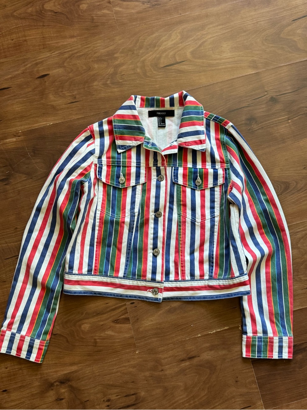 Forever 21 Multicolor Striped Denim Jacket - Red, Green, Blue, White